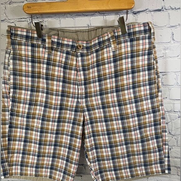 Olde School Brand Retro Reversible Flat Front Classic Khaki Madras Plaid Size 36 - Picture 1 of 9